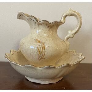 Vintage Studio Art Pottery Cream Gold Trim Wheat Wash Pitcher & Basin Signed